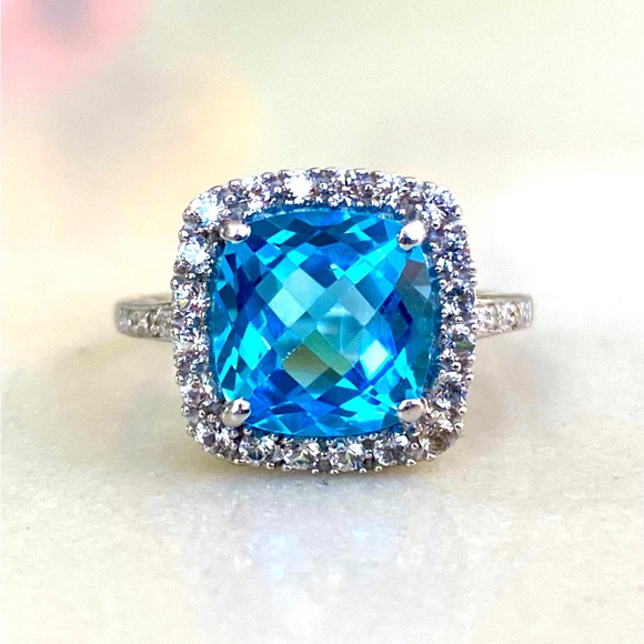 BRAND NEW Swiss Blue Topaz Diamond Halo Ring, 10k White Gold, Sz 6 - Picture 1 of 10